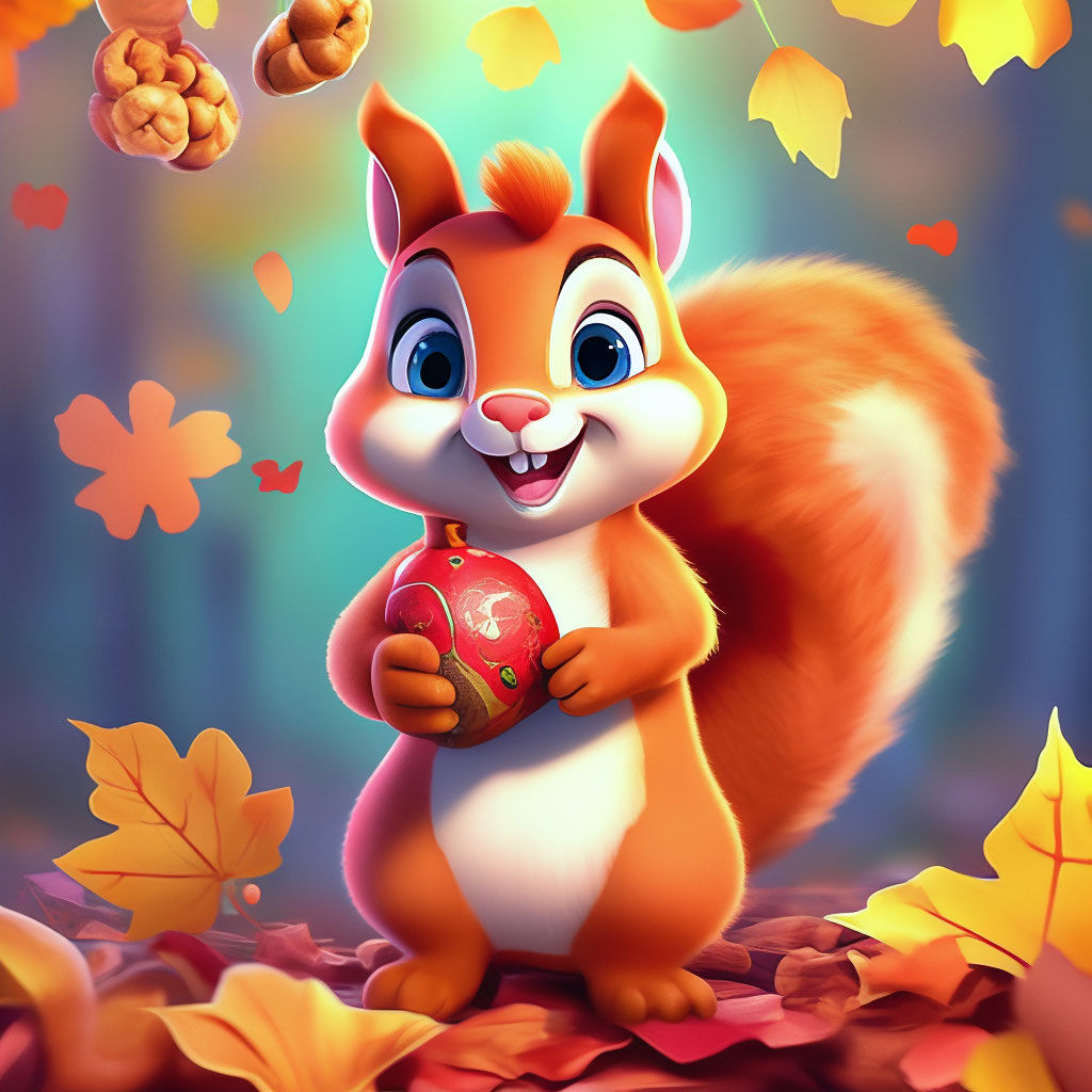 <lora:UltraCut e Flux:1.0>a painted red fluffy squirrel on fallen autumn leaves holds a nut in its paws, cute, beautiful, animation, bright ...