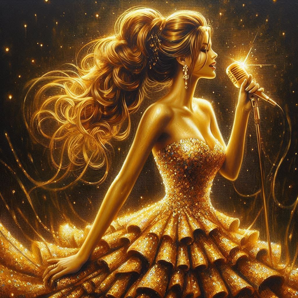 A woman with long brown hair, wearing a voluminous golden dress, holds a microphone into which she sings, glowing.
The painting is dominated...