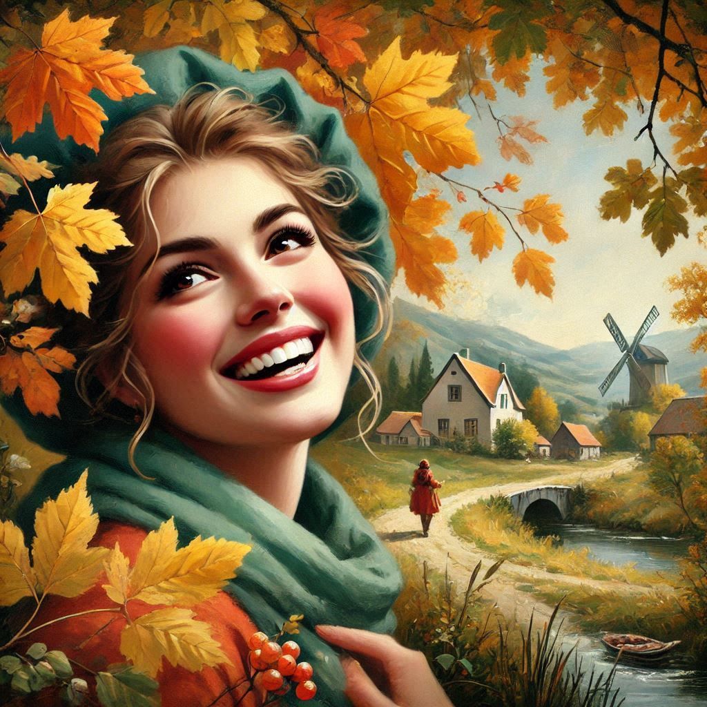 A young woman with a bright smile is surrounded by autumn leaves. Her look is complemented by a green scarf and hat, highlighting her autumn...