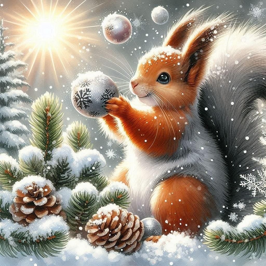 A sweet illustration of a squirrel in a winter forest. The squirrel sits in the snow among snow-covered spruce branches laden with cones, ho...