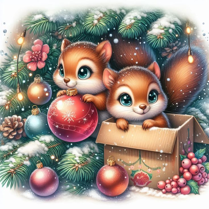 Two cute cartoon squirrels in a winter forest full of snow. They sit among the branches decorated with garlands, pine cones and Christmas ba...