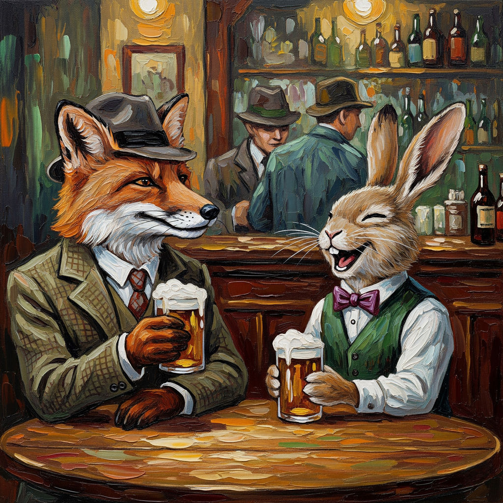 <lora:Neon Cascadence:1.0> <lora:VictorianFairies1F:1.0> <lora:ROUGH DIAMOND:1.0> <lora:Essence of Oil:1.0>Fox and Rabbit in 1930s attire en...