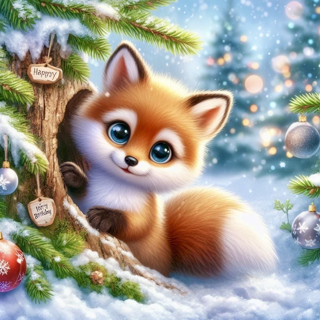 The image shows a cute fox in a winter forest decorated for the holiday. digital art, 3D watercolor, Disney style. neo-impressionism express...