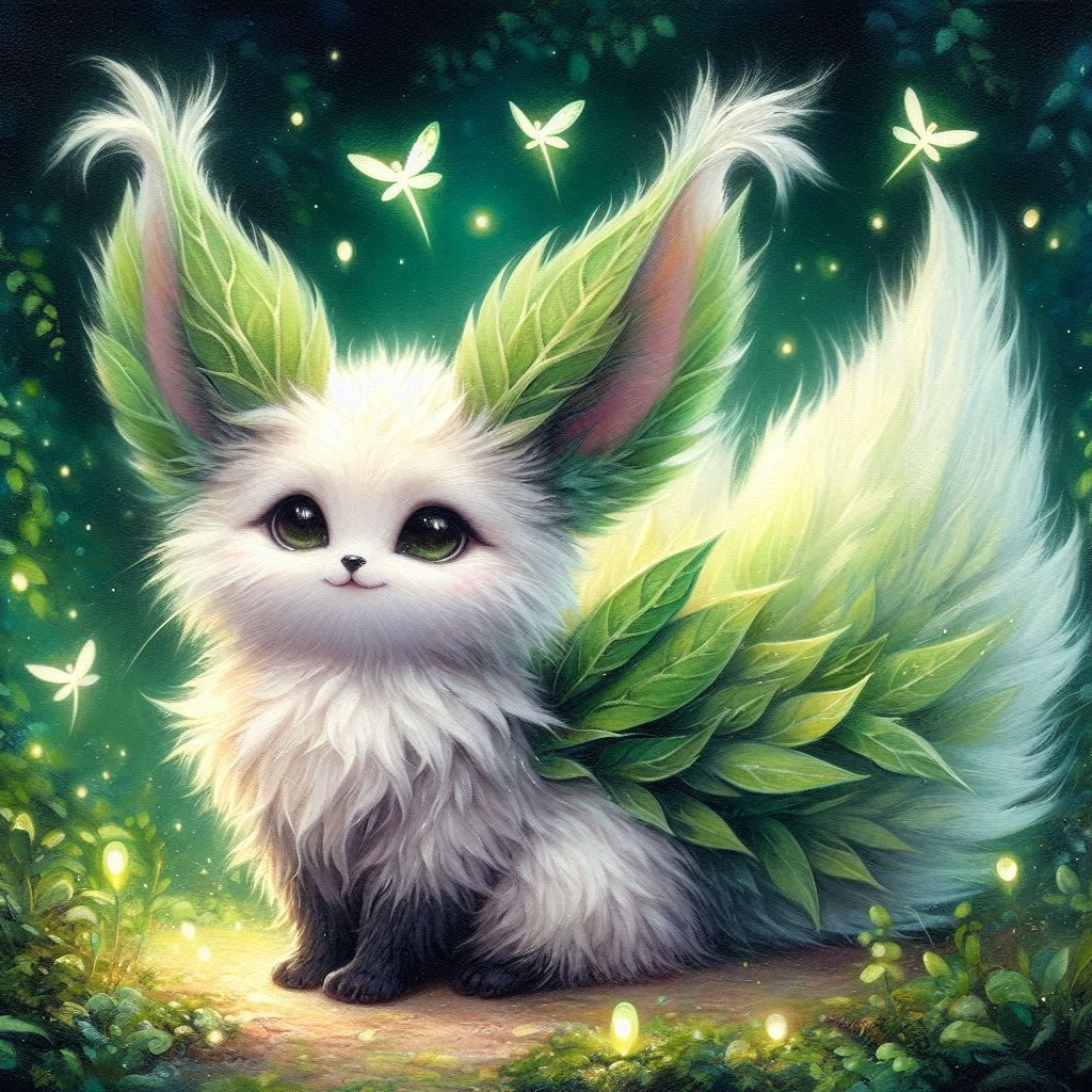 A fluffy, cute creature resembling a cross between a cat and a fox, with wings and pointed ears resembling leaves and an unusual, glowing wh...