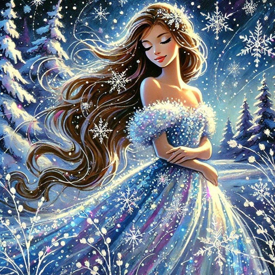 A young woman in a winter outfit reminiscent of the traditional Russian Snow Maiden, a wintery version of the Snow Maiden. The character is ...