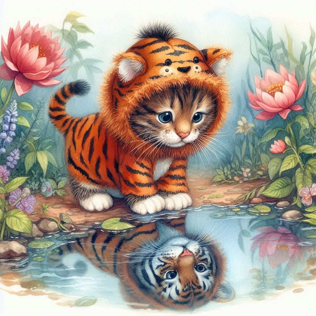 Watercolor.A small cat, dressed as a tiger, looks into the surface of a pond, in which he sees his reflection. .The style of artist Tatyana ...