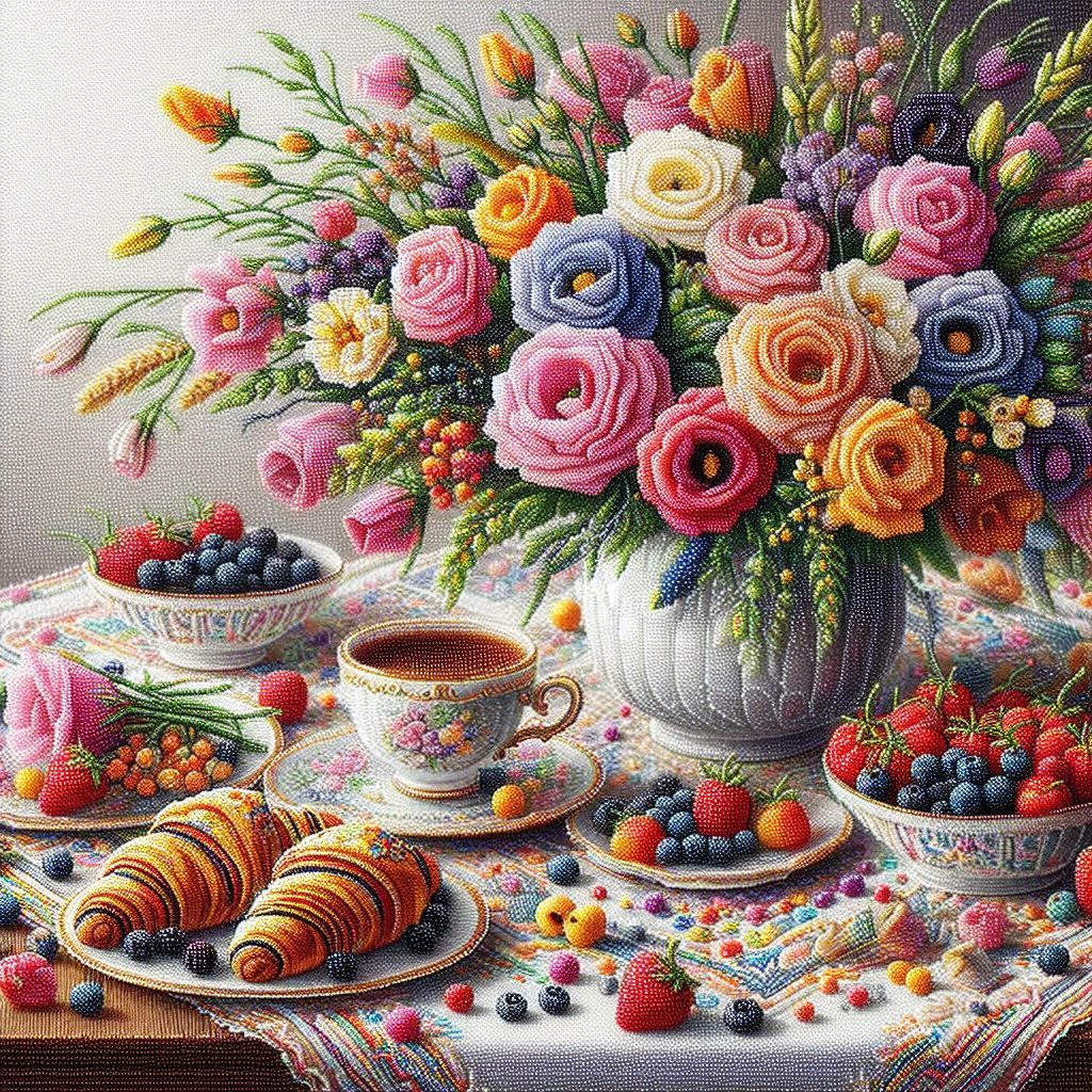 An extremely detailed creation made entirely of multicolored beads. Colorful beaded painting on a blurred background. Good morning. Breakfas...