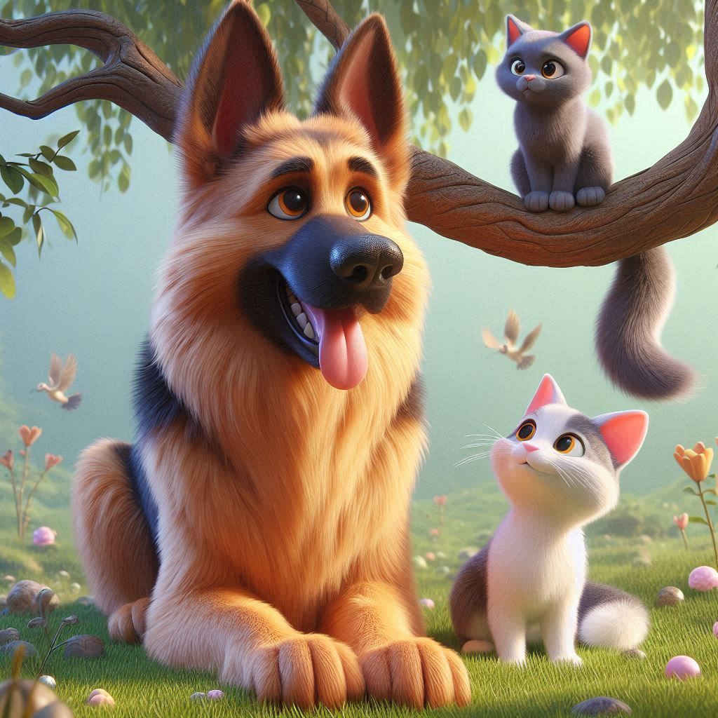 The image shows a German Shepherd and a cat, the cat is sitting on a tree and the dog is watching him sitting on the grass. 3D, Pixar, Disne...