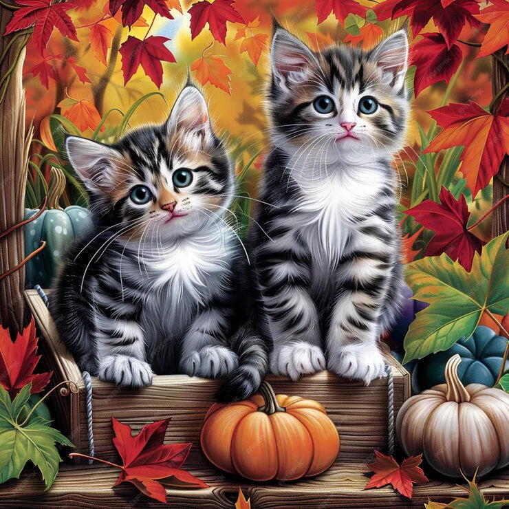 
The image you've uploaded is a charming digital artwork of two fluffy kittens in a wooden crate, surrounded by pumpkins and autumn leaves. ...