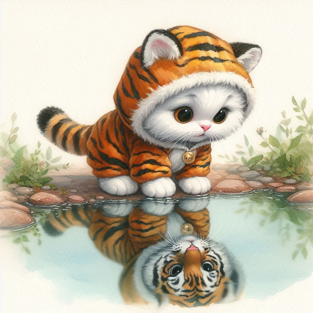Watercolor.A cute, fluffy white kitten dressed in a tiger suit looks into the surface of a pond, where he sees his reflection. He looks amaz...