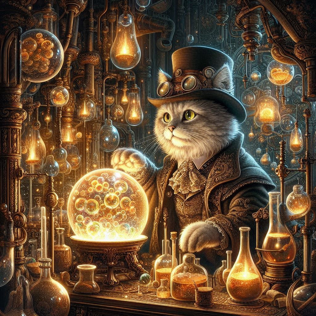Alchemist cat, anthropomorphic, steampunk style, laboratory, experiment, philosopher's stone, beautiful intricate details, high contrast, hi...