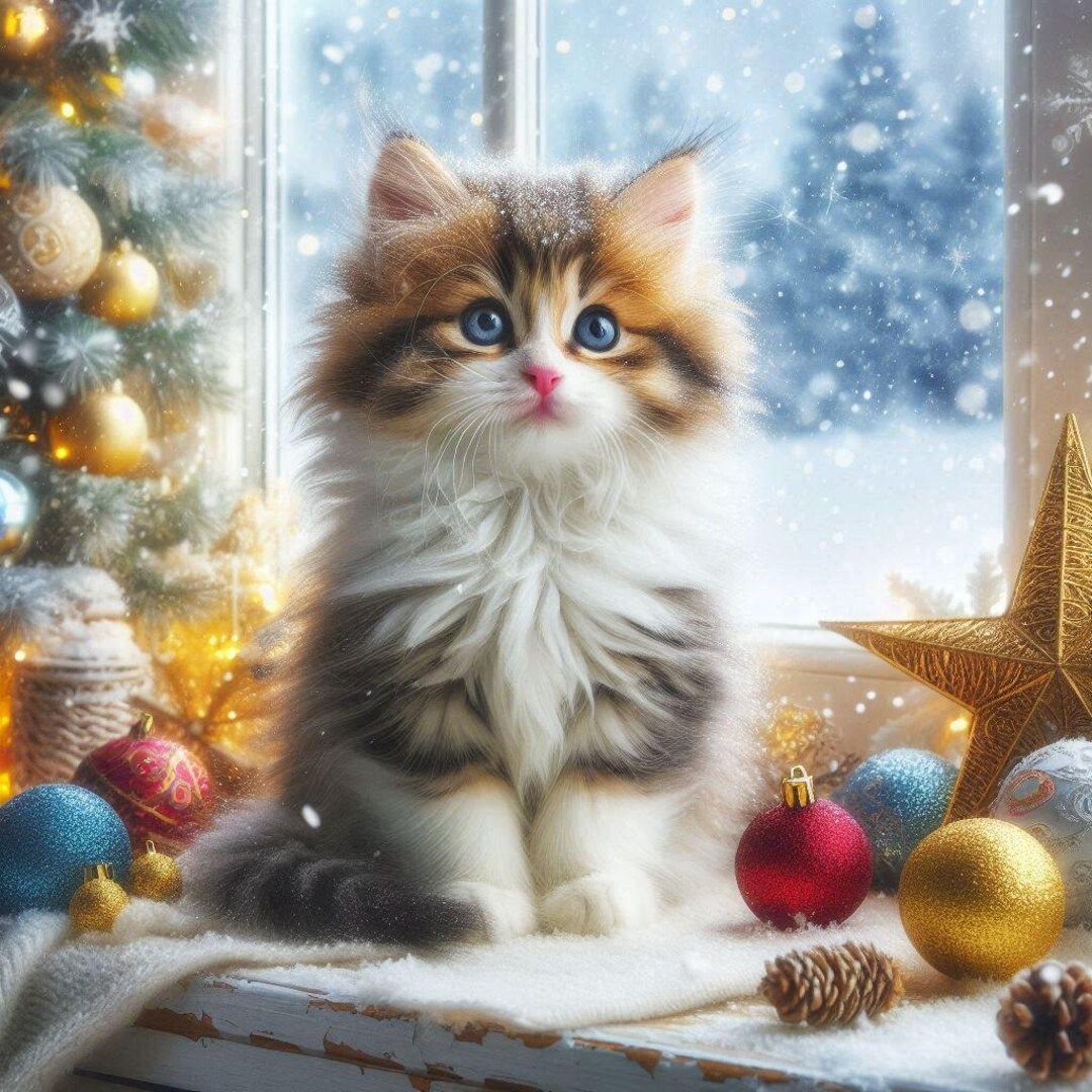 A fluffy calico kitten with large blue eyes and a pink nose sits among Christmas tree baubles and pine cones on a white fur rug, against the...