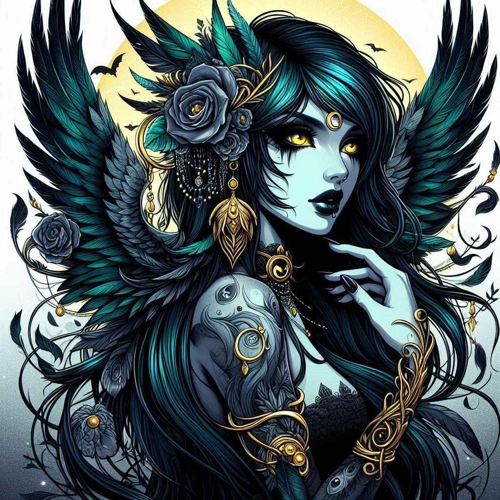 Gothic fantasy portrait. Medium shot. Woman stands with teal and black feather wings, black feather head frill, and dark purple nails agains...