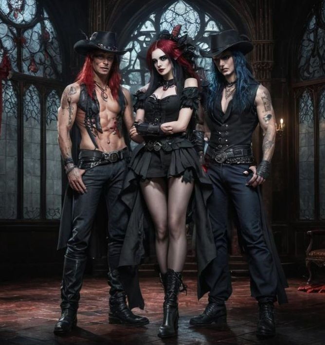 <lora:Animation:1.0> Male, God of Death, Dragon Demon, black and red hair, red eyes, Male, gothic, long coat, long hair, tipped cowboy hat,...