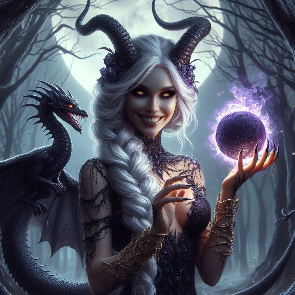 female, Goddess of Death, Human Form, Demon, nocturnal Dragon skin, Braided White Hair, long hair, black demon horns, golden vine bracelets,...