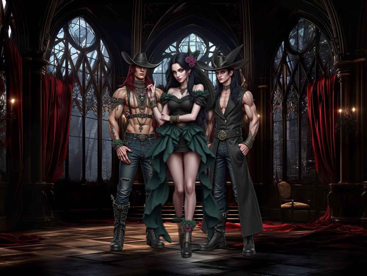 Male, God of Death, Dragon Demon, black and red hair, red eyes, Male, gothic, long coat, long hair, tipped cowboy hat, biker boots, dark den...