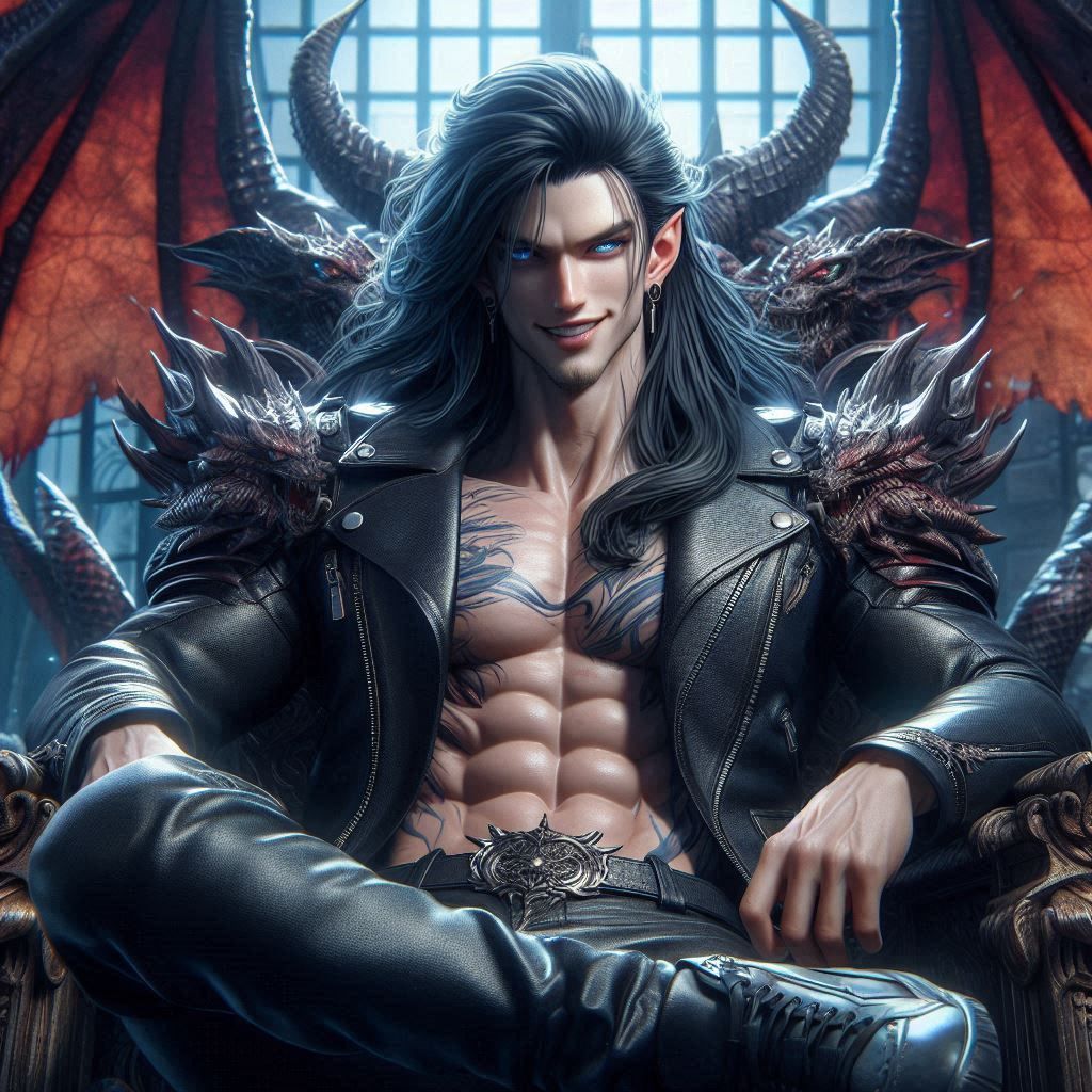 Male, God of Death, WarLord, Demon king, Dragon, Human, Black Long Hair, Demon Blue Eyes with black pupils, elven ears, shadow dragon skin,...