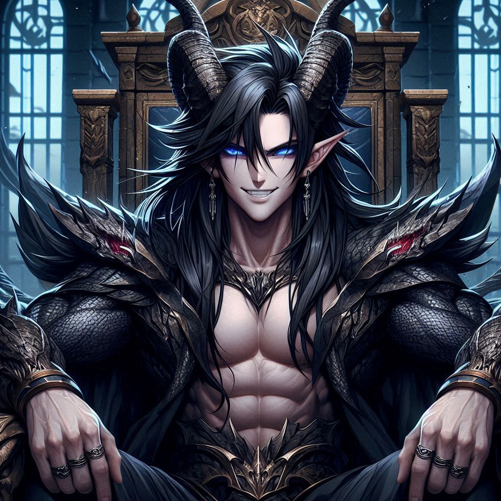 Male, God of Death, WarLord, Demon, Dragon, Human, Black Long Hair, Demon Blue Eyes with black pupils, elven ears, shadow dragon skin, Huge...