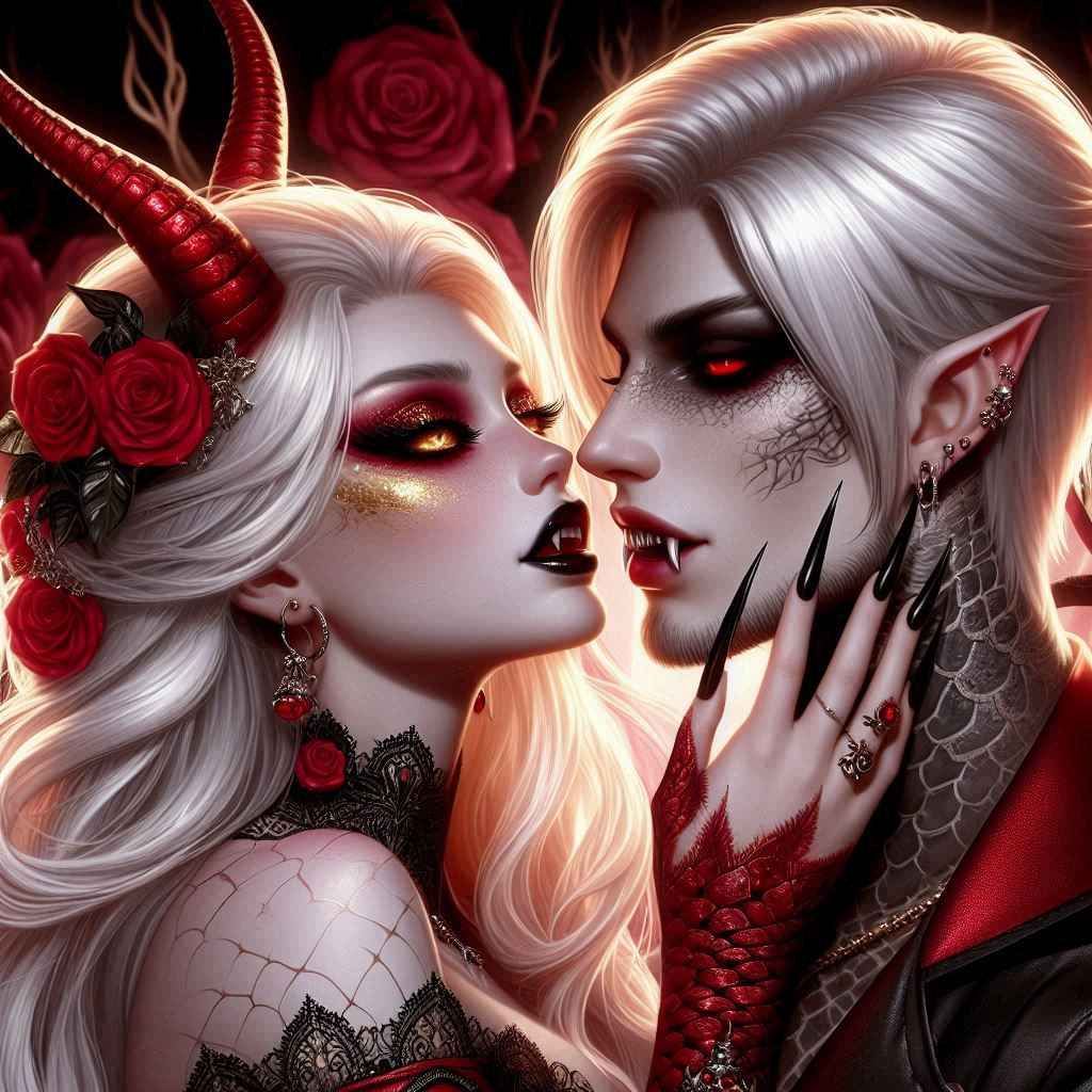 Male, white hair, dragon slayer fangs, blue eyes, black dragon scale skin, muscles, woman. dark teal long hair, bright yellow gold eyes, pal...