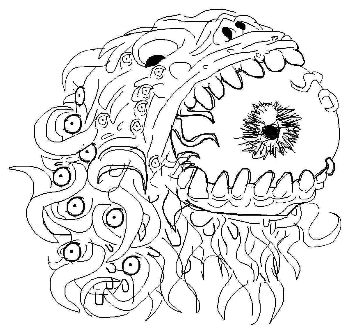 1970s Super Panavision of  eyeball tentacle goat horn monster in hell