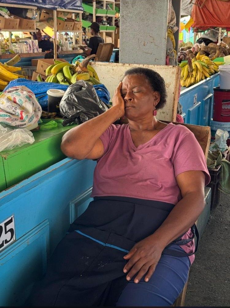 Carribbean woman sleeping in front of her market stand.  in Gouache Style, Watercolor, Museum Epic Impressionist Maximalist Masterpiece, Thi...