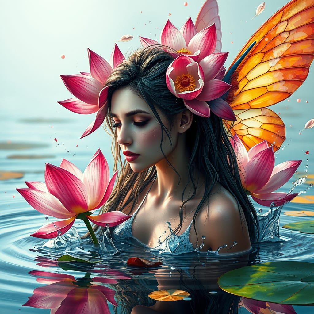 beautiful water fairy is slowly gracefully immerse into the water