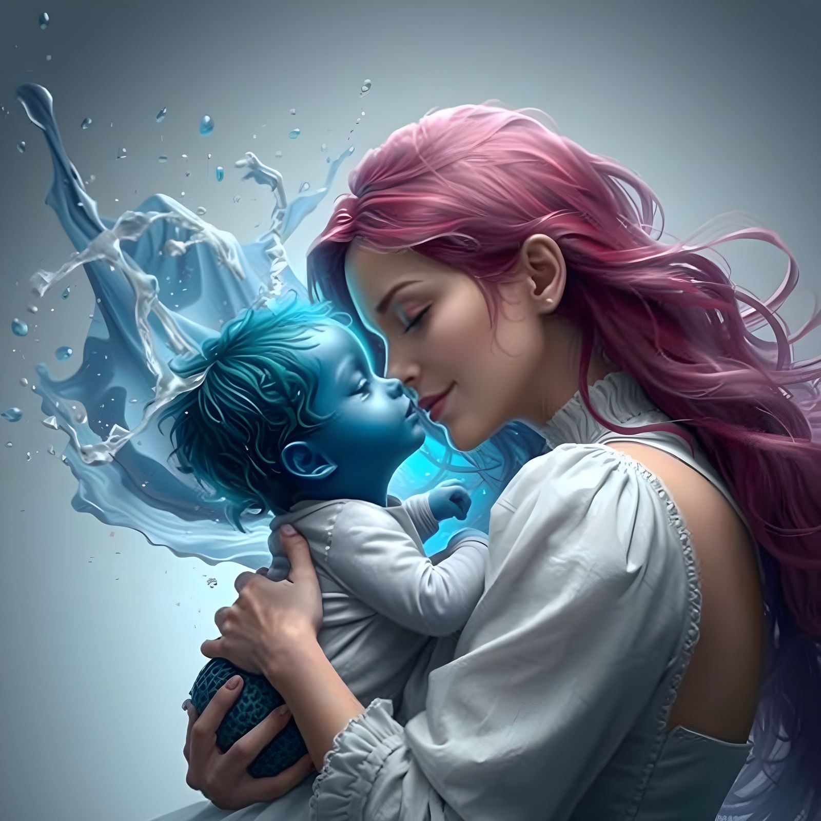 Cute blue baby and her mother