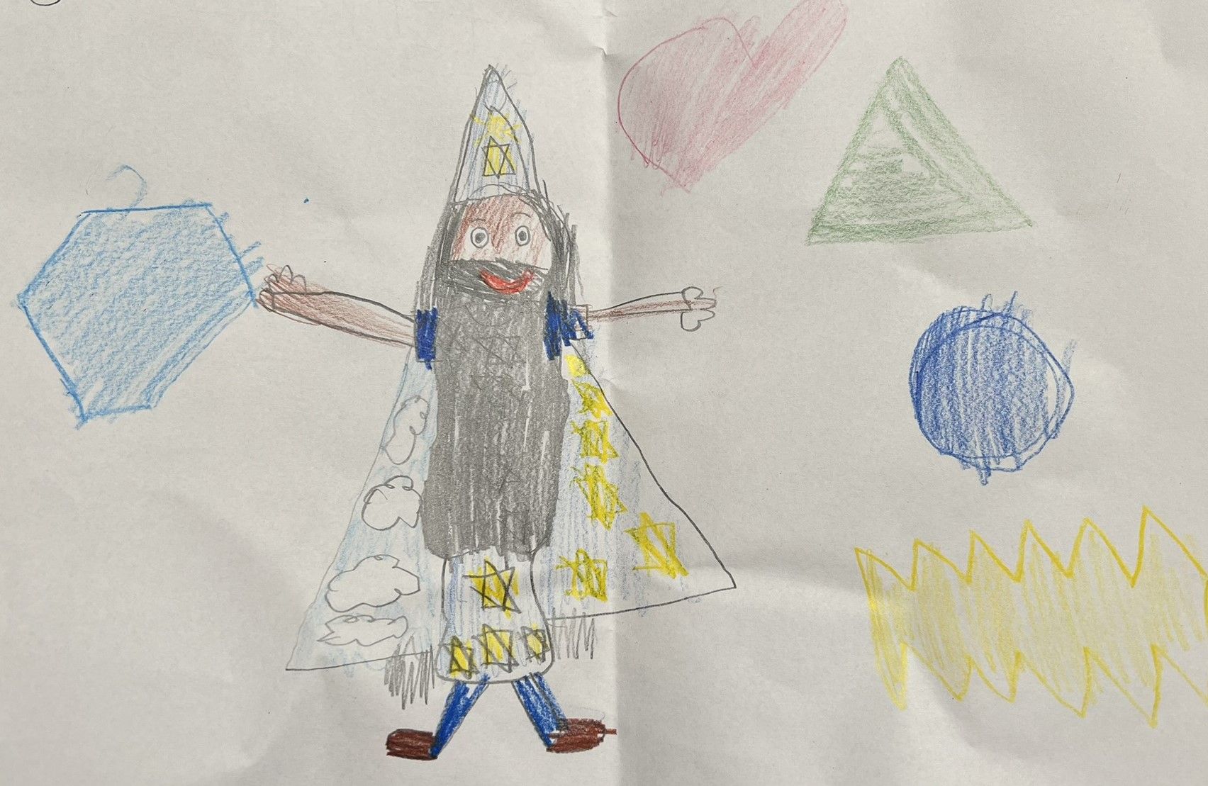 A cartoon version of the wizard depicted in the drawing. A cartoon version of the elements in the background. The beard and design of the wi...