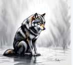 A sad wolf sitting alone under a cloudy sky, drawn with pencil on paper, visible graphite strokes, detailed fur texture, sketchbook texture,...