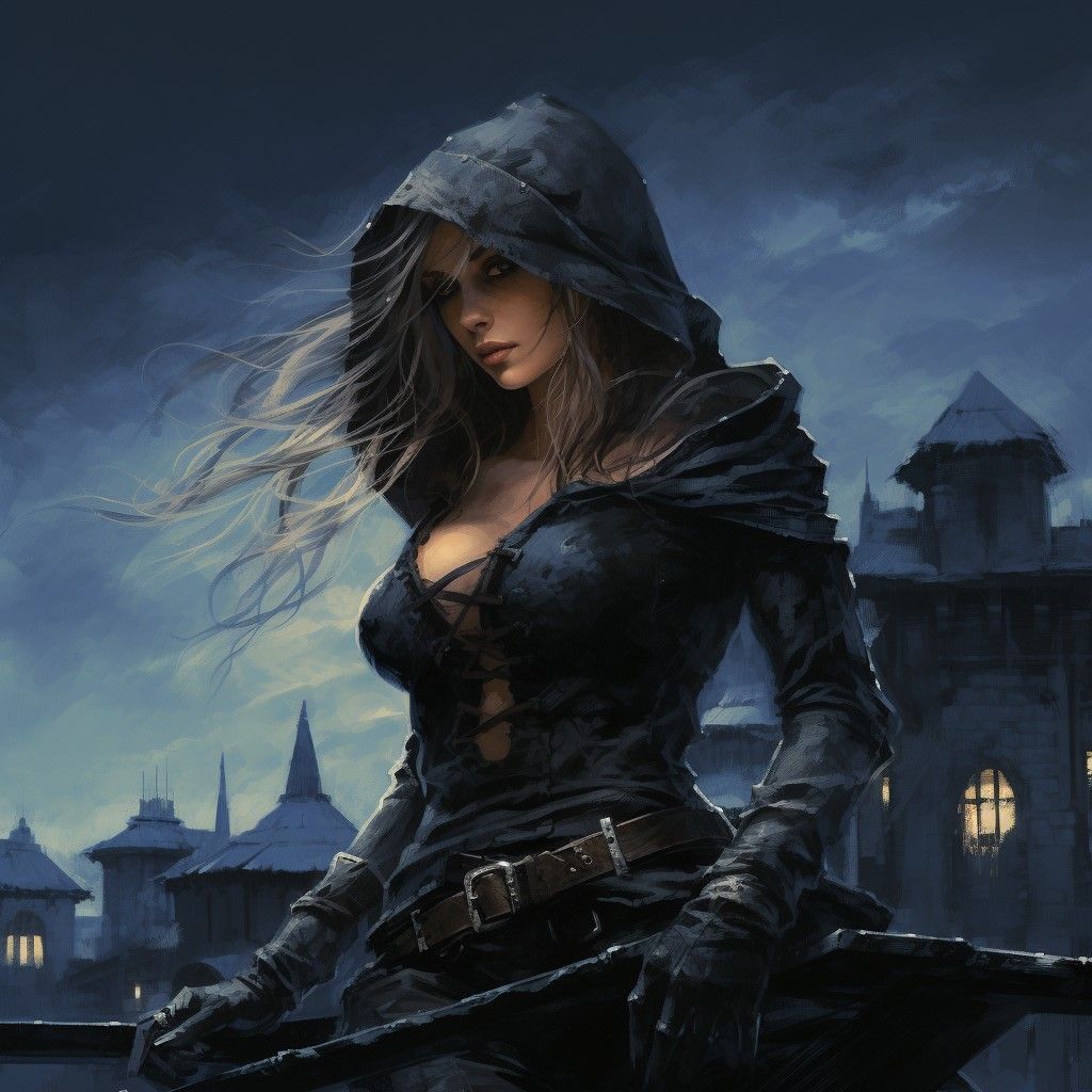 female rogue in a city, blonde hair wearing hood