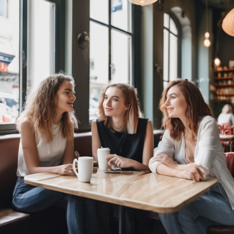clear smiling faces, straight hair, long bob haircut, 3 young women sitting in cafe 