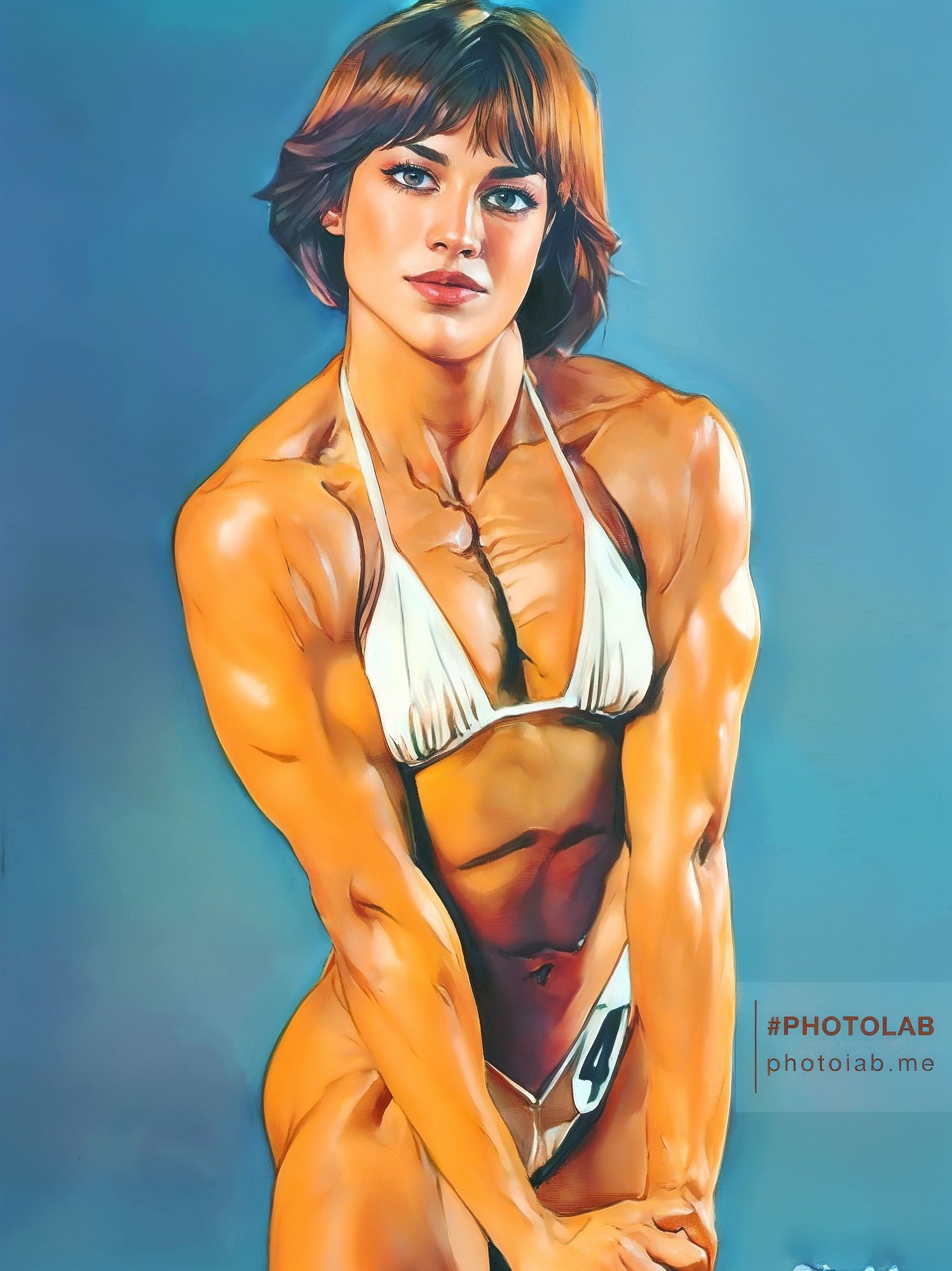 Female bodybuilder <JULIETTE BERGMANN> as 1980's version of The King of Fighters style  character(Kyo) in anime style and Depth effect, ill...