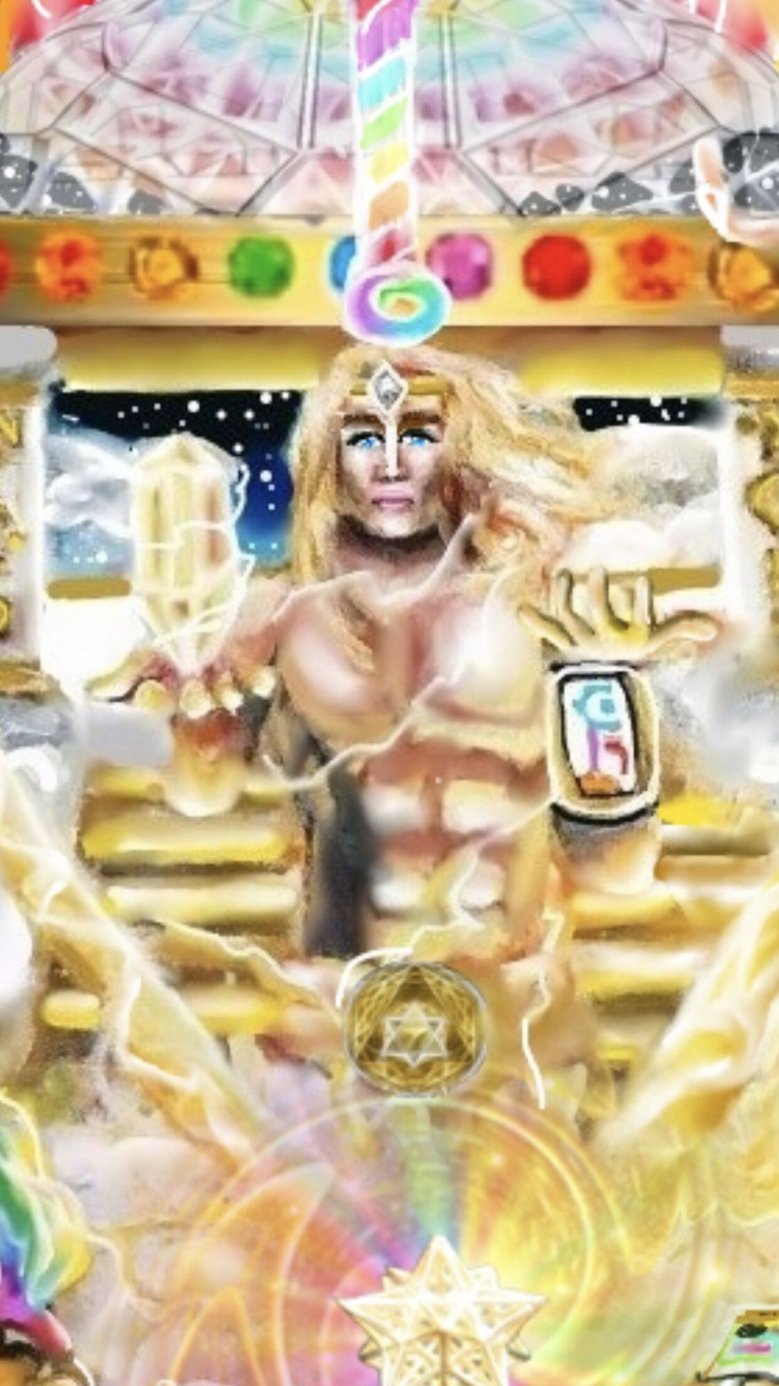 A beautiful, bare, shirtless man with flowing, straight blonde hair and blue eyes levitating a rainbow crystal in multicolored clouds 