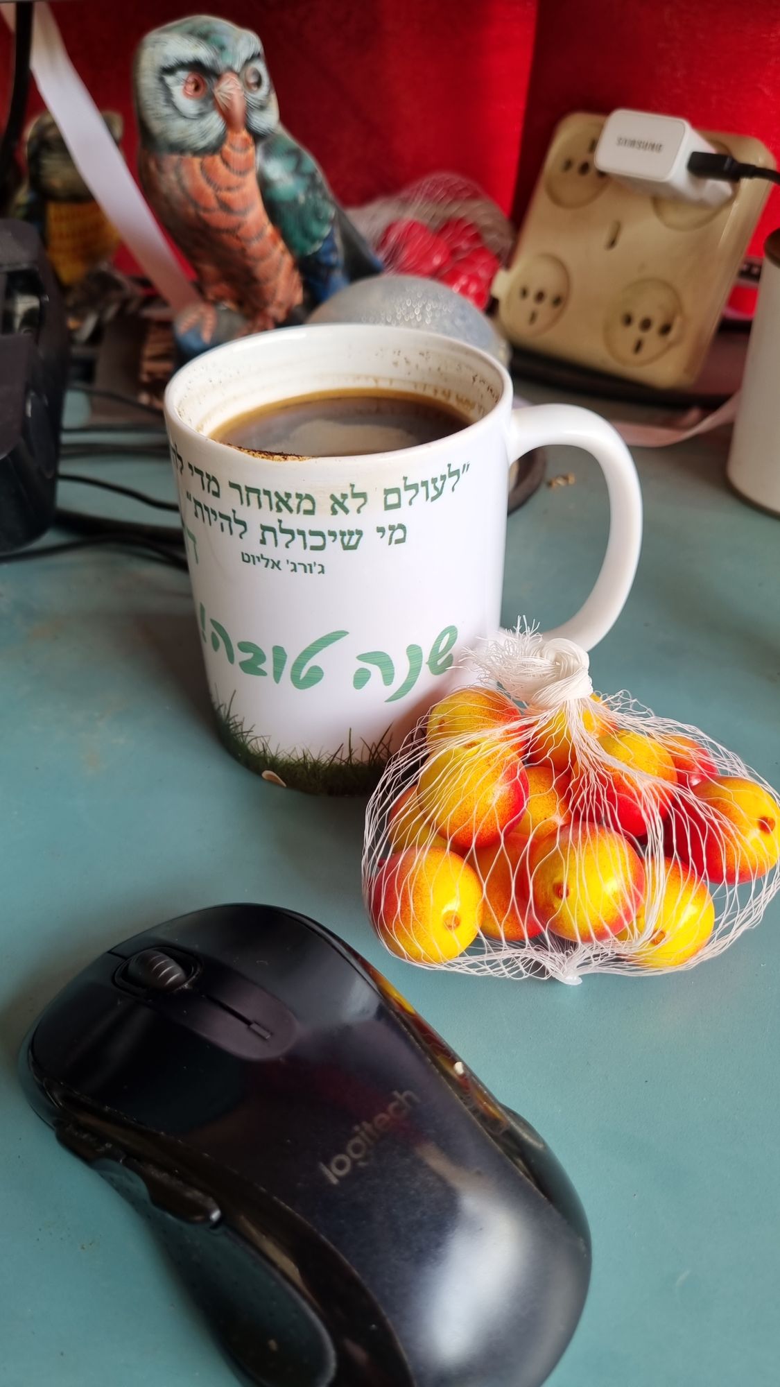 cup of cofee, computer mouse, a stone dworf ,miniature plastic fruits; intricate details, HDR, beautifully shot, hyperrealistic, sharp focu...