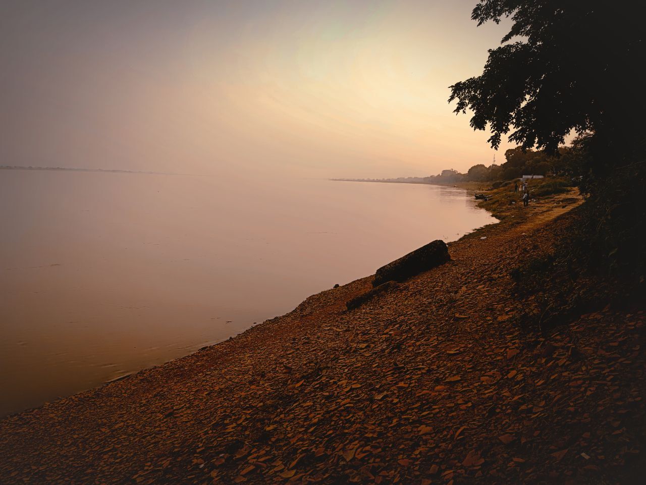 shore of a river in evening, a little orange sky, a little black around the image, little lonely, detailed render, peaceful river, downhill