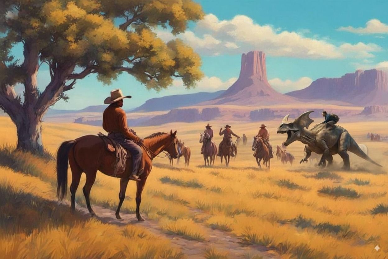 cowboys at the devils tower encounter a scientist riding on a dinosaur