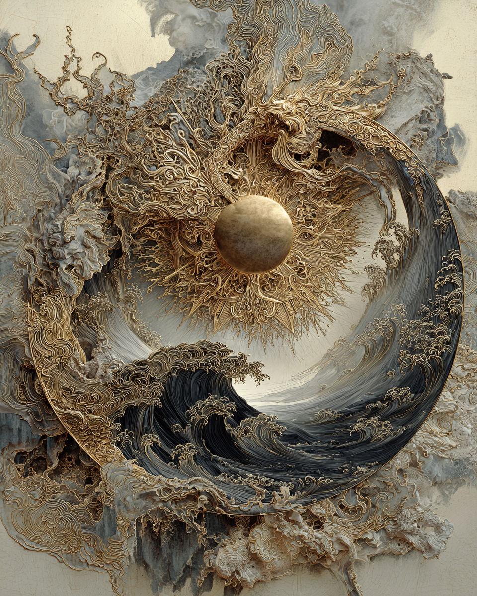 Abstract solar eclipse, ink wash lora