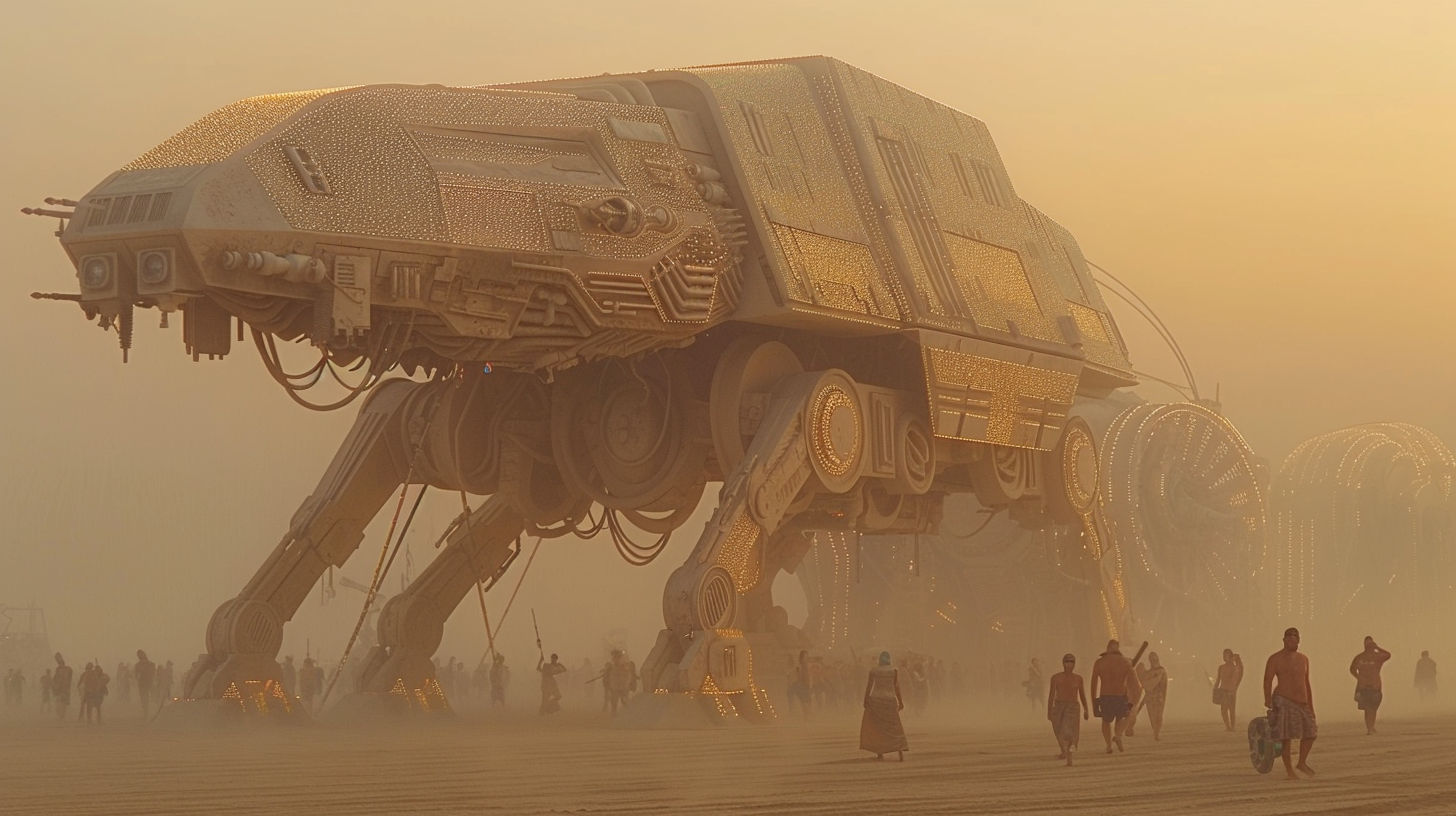Starwars at BurningMan Event in the middle of an mono-atomic gold desert where exotic physics showcase the movie Dune-like properties.