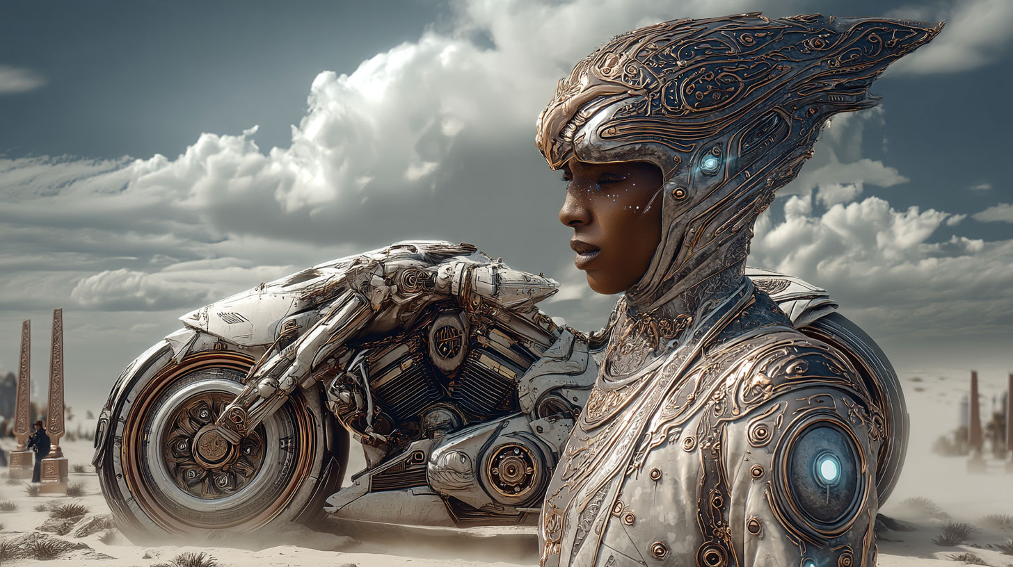 Futuristic woman, aviatrice-messiah, in a Paleofuturism-Egypt setting II