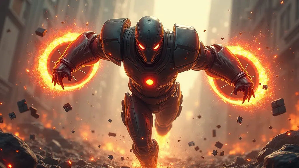 Rogue action portrait in mid-collision of the heroic infinite-player known as Intermatrixnaut