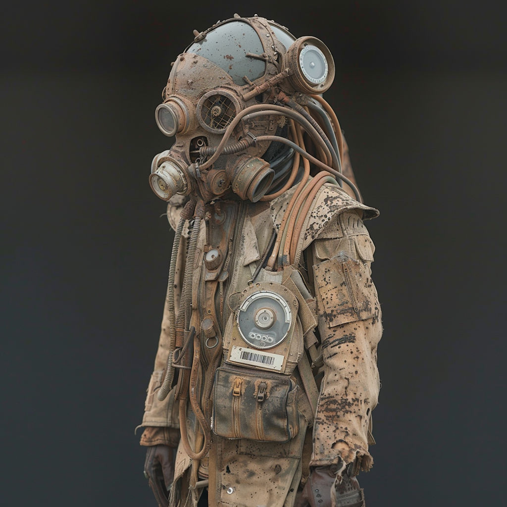 Filthy character dressed in a detailed futuristic dystopian suit