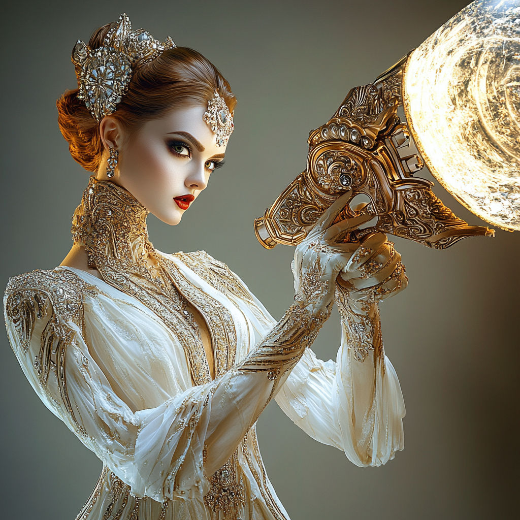 A beautifully lithe model-imperial princess in off-white crystal haute couture holding a crystallic-looking science-fuct...