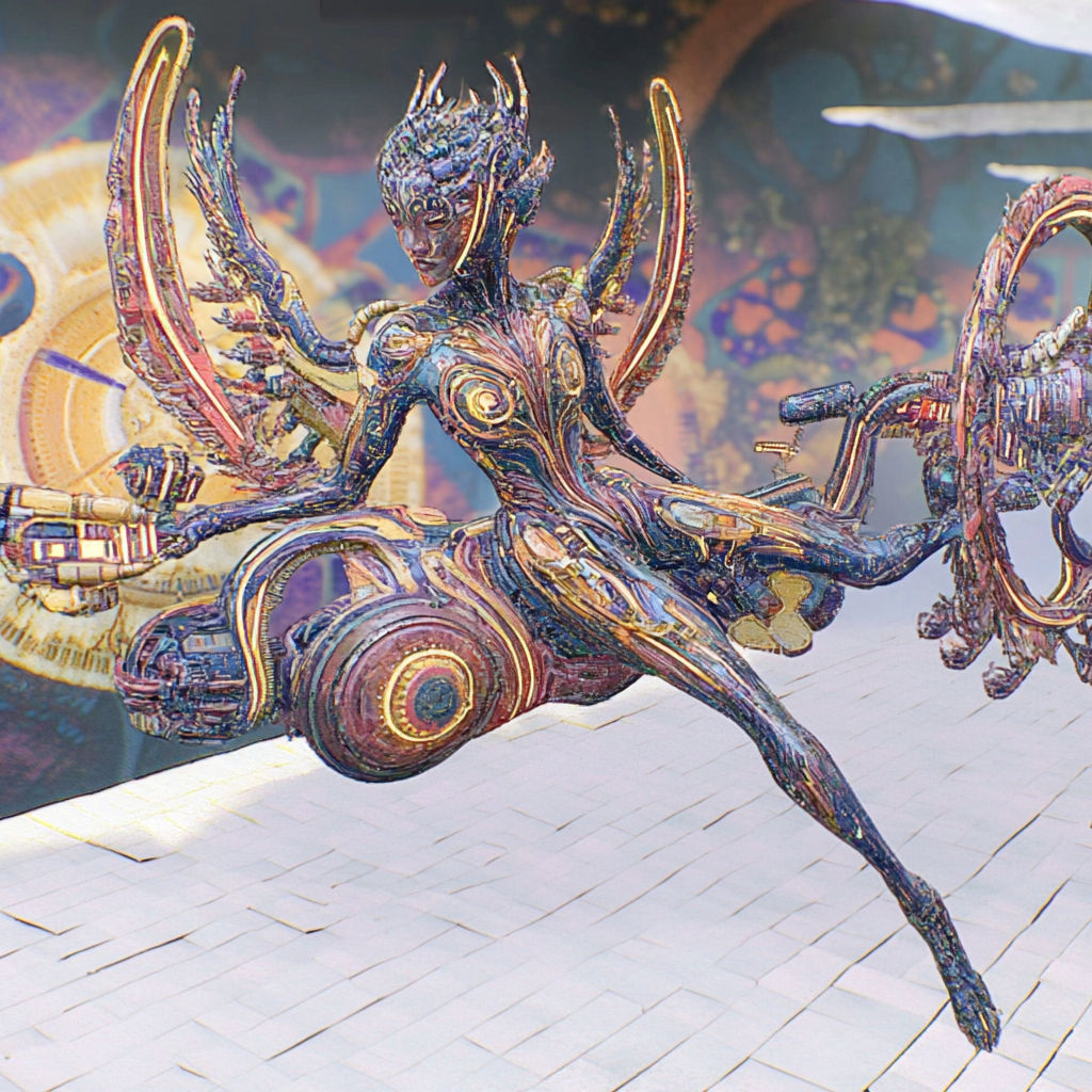 Setting is a surreal dreamscape filled with mezzo-Amerindian curvilinear non-Euclidean landscape, She is Sylvie Stratochamfer --lora experiment