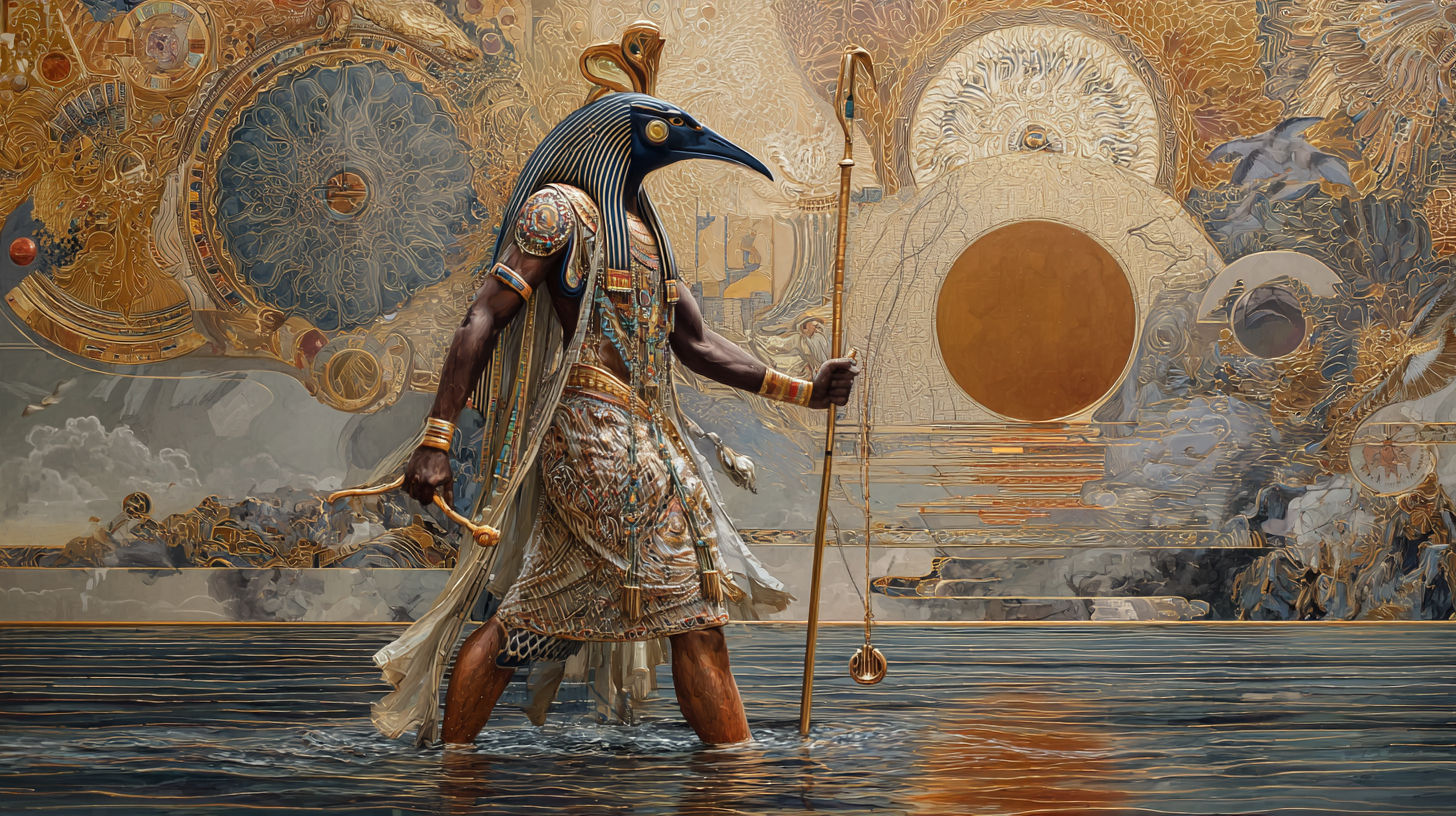 Amun-Ra walks ontop of celestial waters at the beginning of time, style 浮世絵