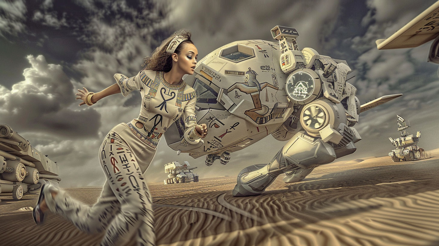 Paleofuturistic Egyptian-Aviatrice aligned with Ra-Specific