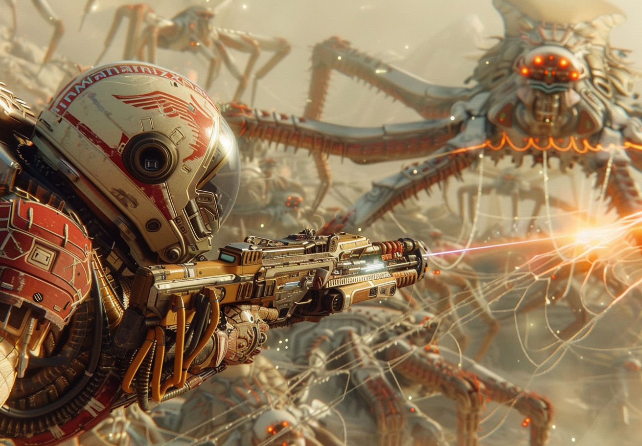 Rogue action portrait in mid-strike firing laser-gun with science-fiction futuristic arachnids