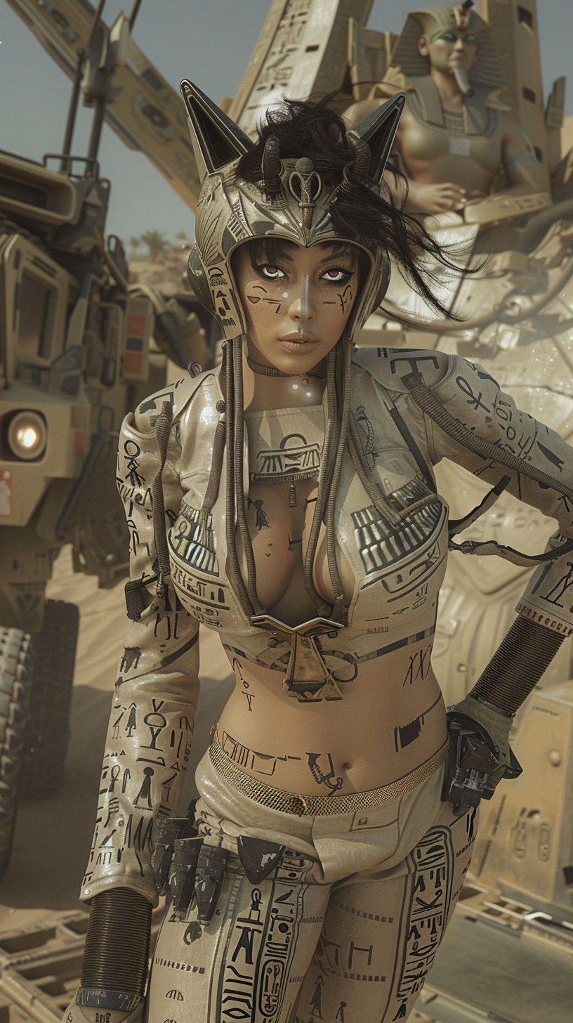 Paleofuturistic Egyptian Aviatrice with laser-tattoos of Anubis-Affiliation