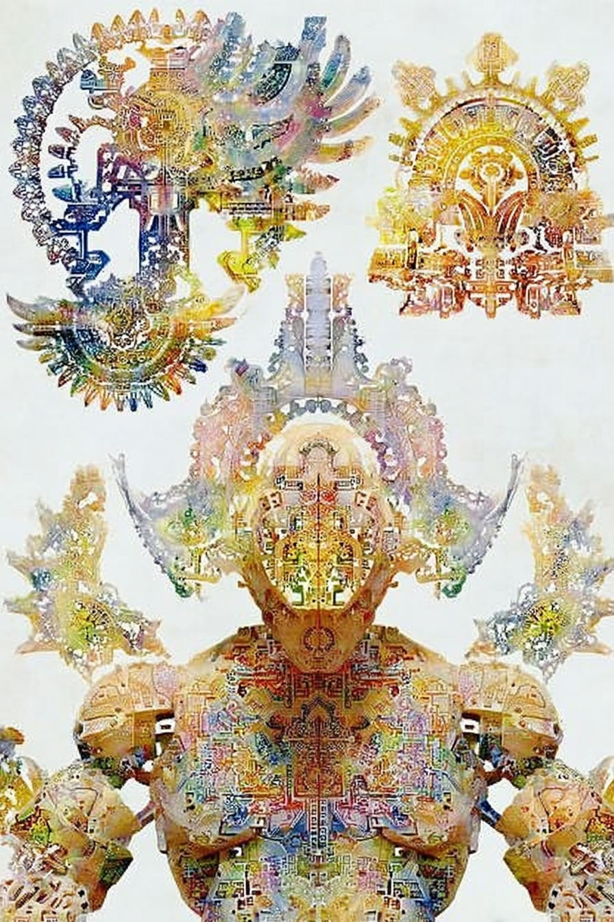 A towering, multi-armed deity-like figure emerges from a luminous void 