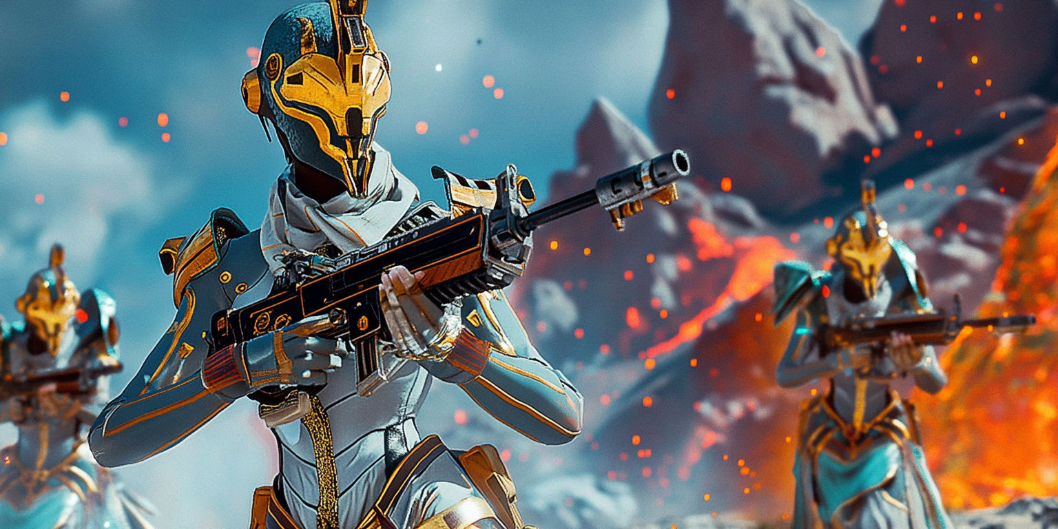 Paleofuturistic Egyptian aviatrice, running towards her Anubis-inspired battle-mech