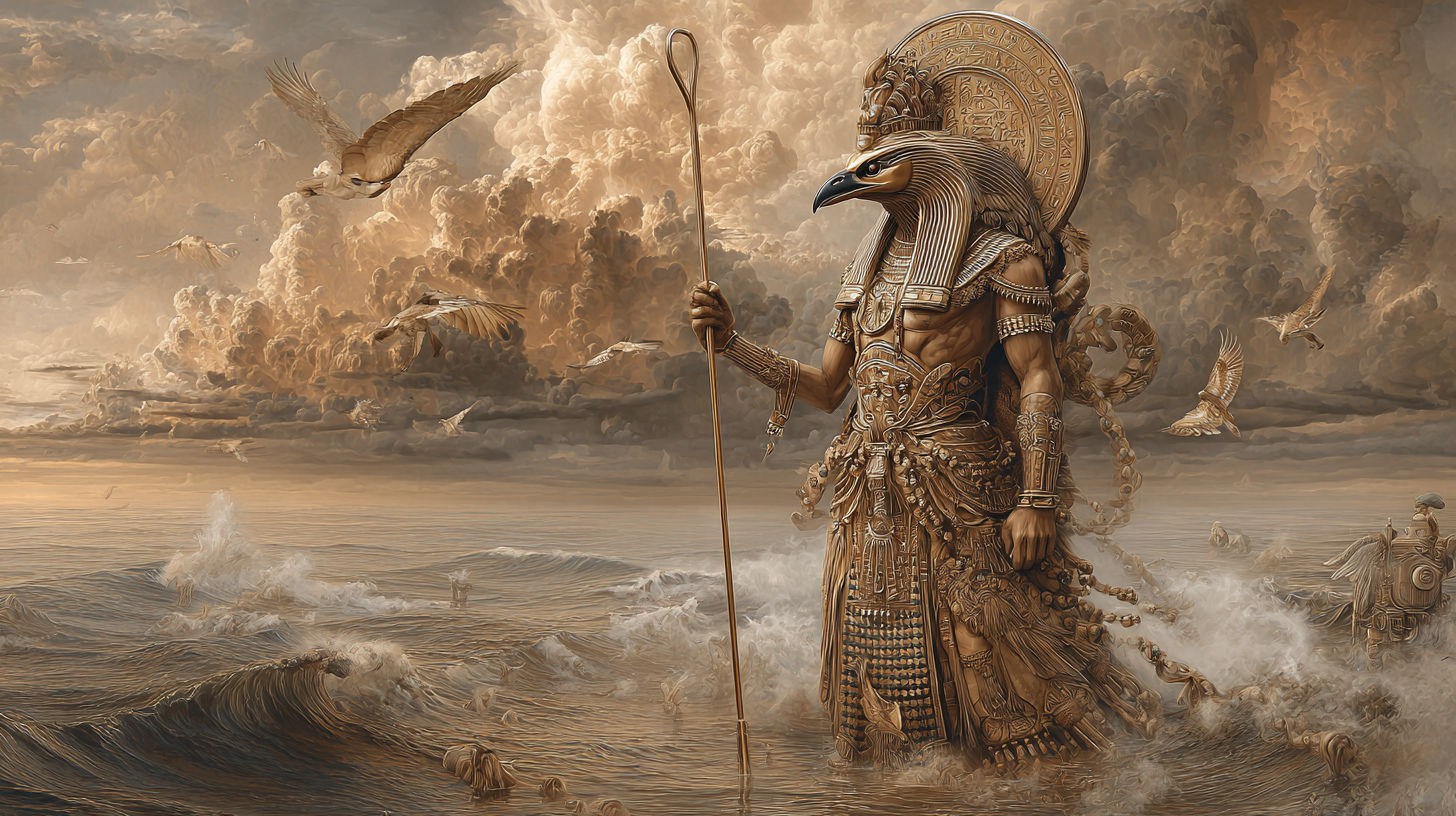 Amun-Ra walks ontop of celestial waters at the beginning of time III